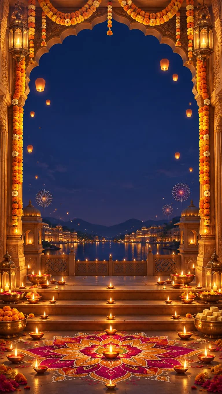Deepotsav: Diwali invitation design. A Diwali night of diyas, rangoli and fireworks, opening with Lakshmi and Ganesha.