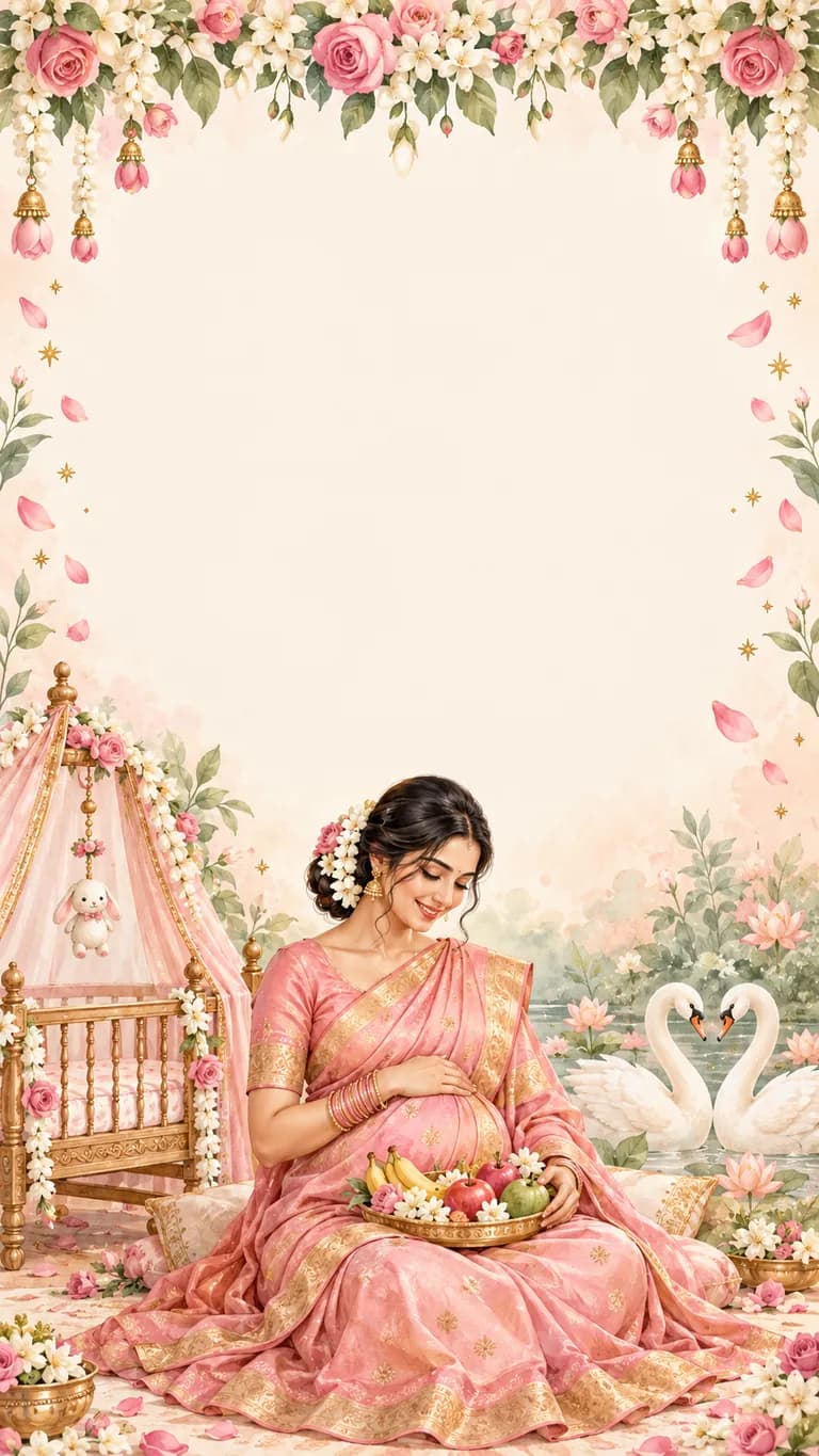 Godh Bharai: Baby shower invitation design. A gentle baby shower with a cradle, swans and a garland of roses. No photos needed.