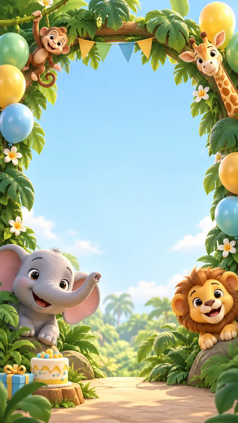 Jungle Party: Birthday invitation design. A storybook jungle of friendly animals, balloons and big leaves.