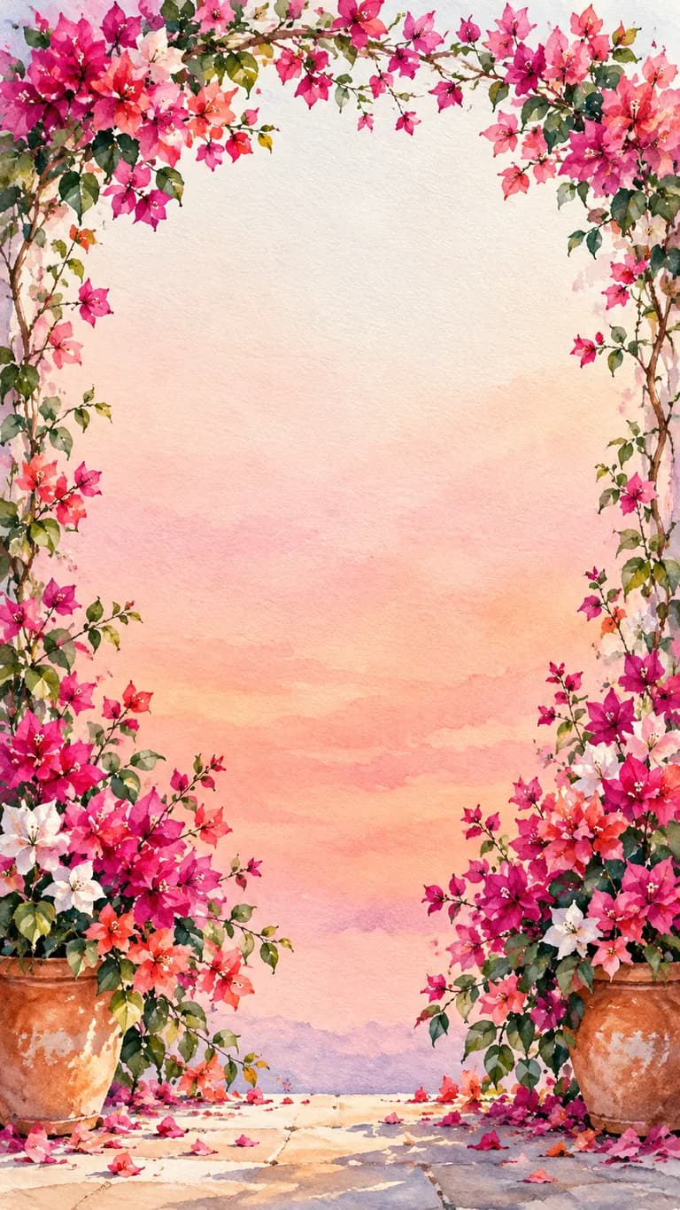 Kagzi Phool: Baby shower invitation design. Magenta and coral bougainvillea spilling over whitewashed walls, sunny and joyful.
