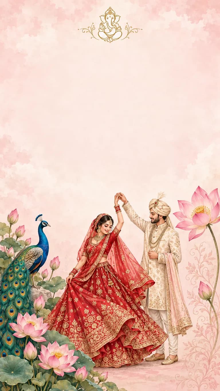 Mor Kamal: Wedding invitation design. A painted couple with a peacock and lotus in soft blush watercolour. No photos needed.