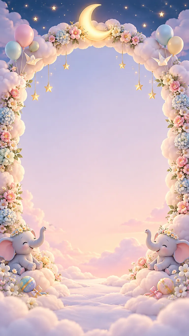 Palna: Baby shower invitation design. A flower swing cradle among soft pastel clouds.