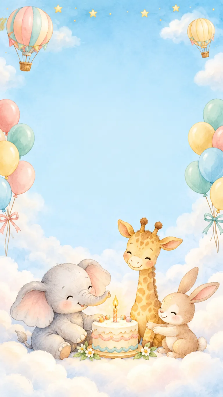 Pehla Janamdin: Birthday invitation design. A first birthday in the clouds with balloons, a cake and animal friends. No photos needed.