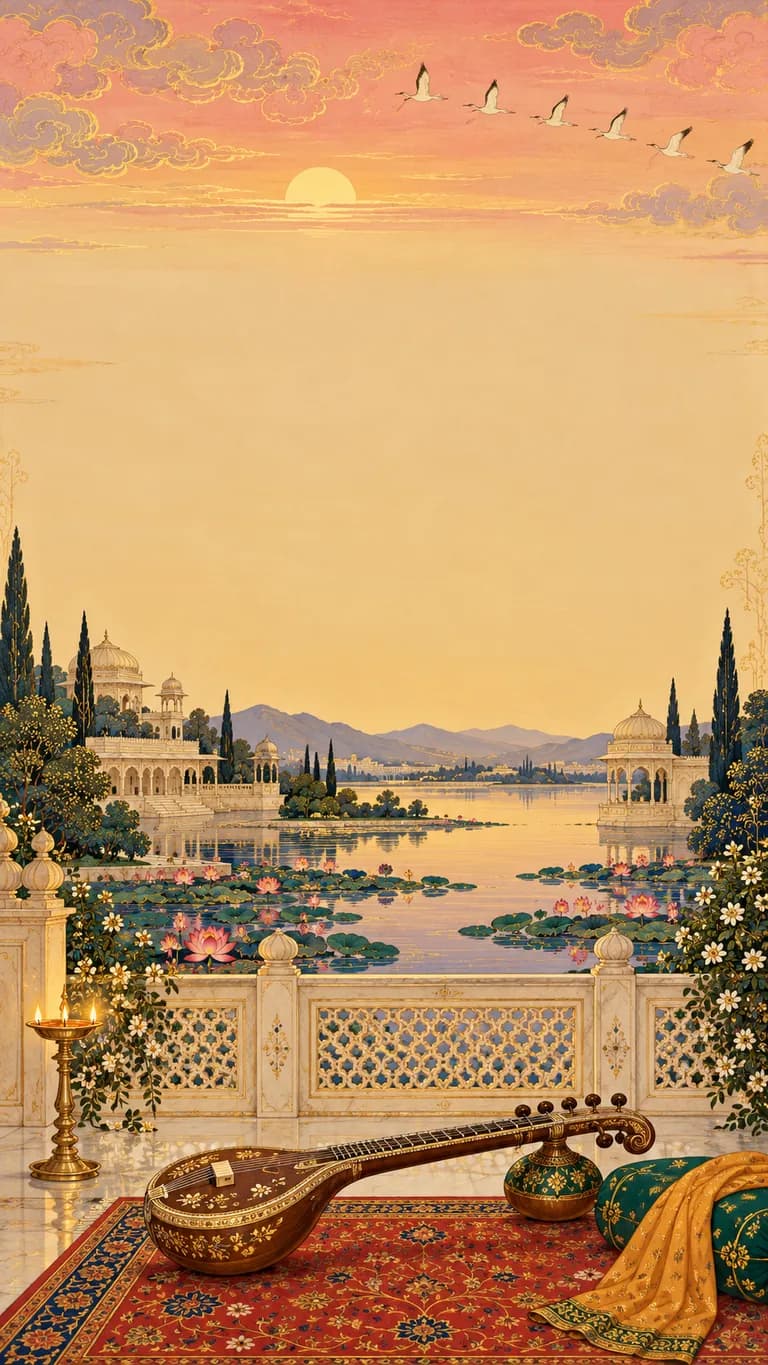 Raagmala: Housewarming invitation design. A garland of ragas painted like miniatures, with a veena resting on every page.
