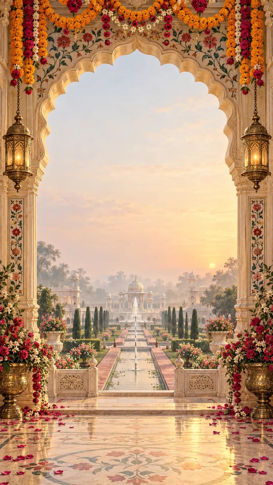 Rajwada Bagh: Wedding invitation design. A palace garden seen through a Mughal arch, fountains and lanterns.