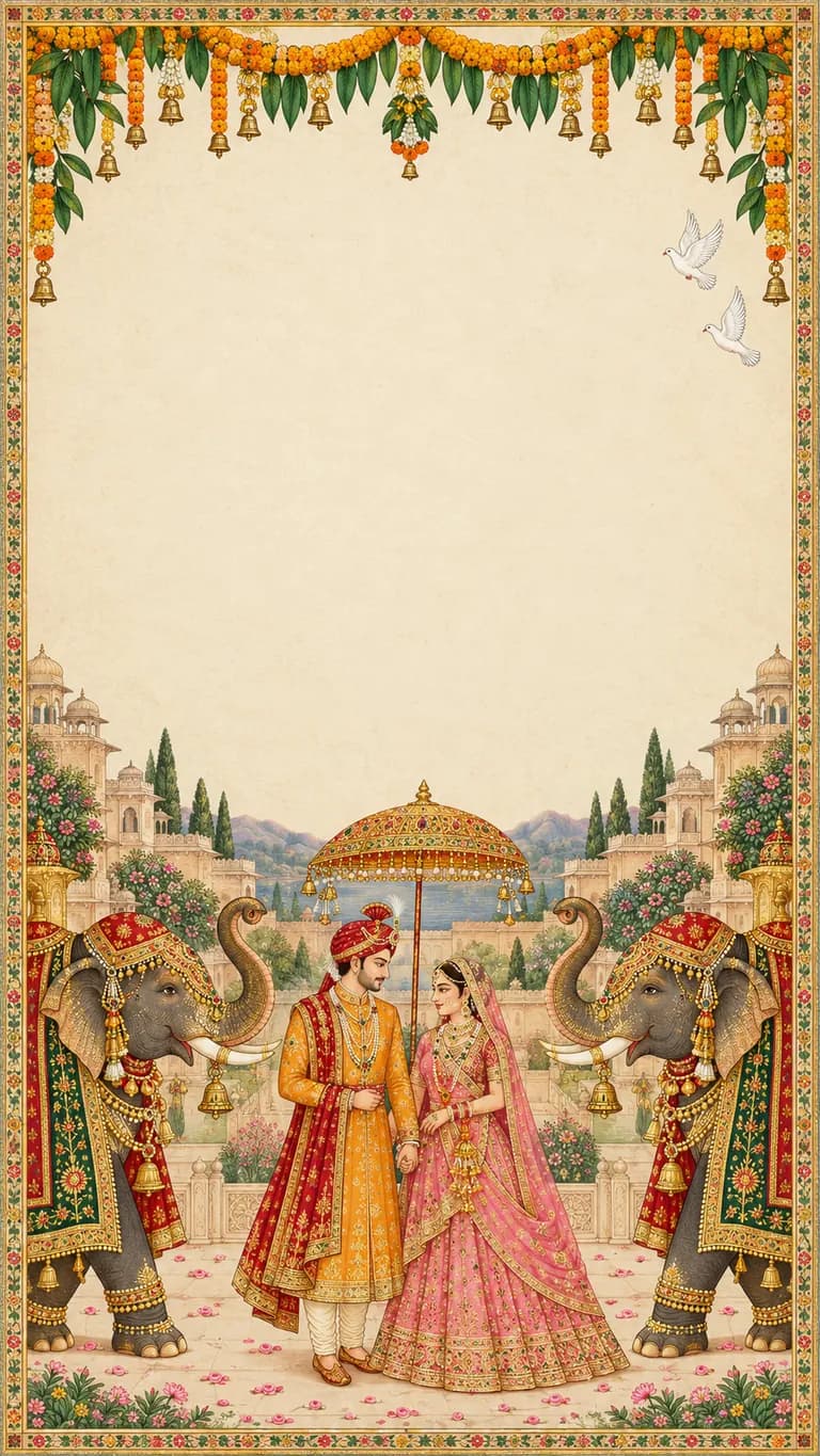 Rajwada Haathi: Reception invitation design. A Rajasthani miniature: the couple under a gold umbrella between two elephants. No photos needed.