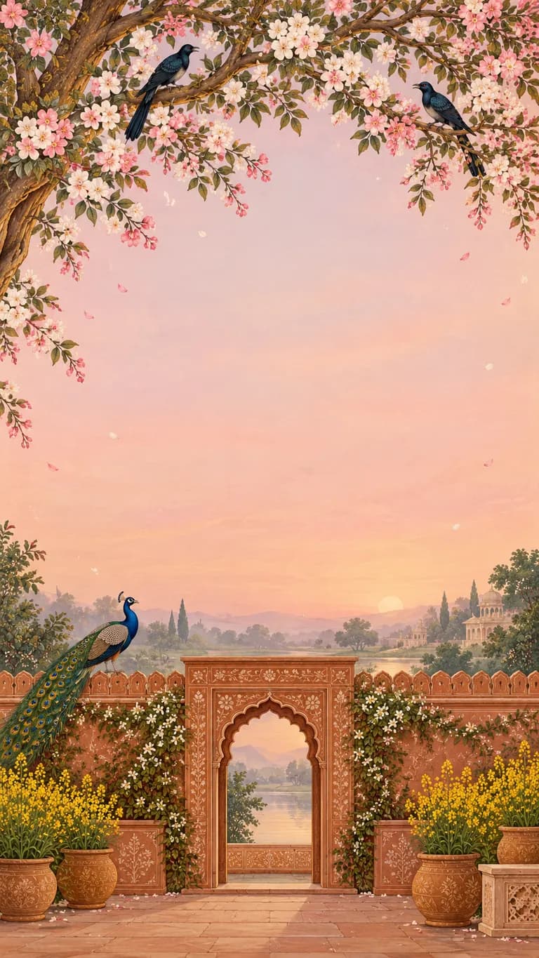 Ritu Chakra: Diwali invitation design. One courtyard tree through India's six seasons, from spring blossom to winter lamps.