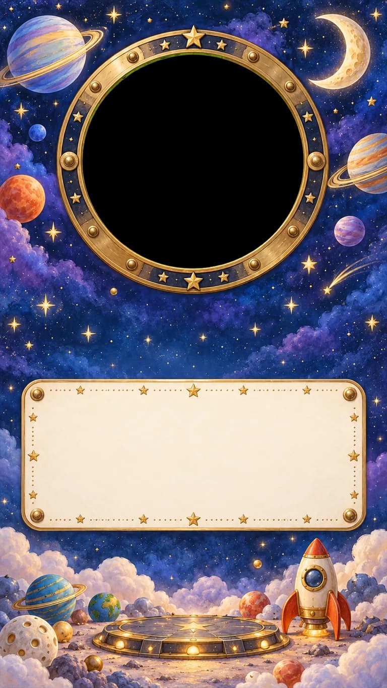 Space Voyage: Birthday invitation design. A porthole among the planets, with a starship plaque for each celebration.